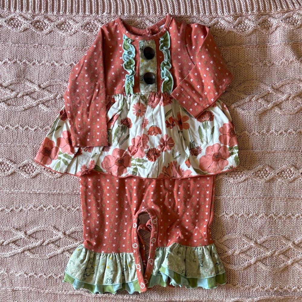 Coral Floral Ruffle One-Piece Skirted Romper